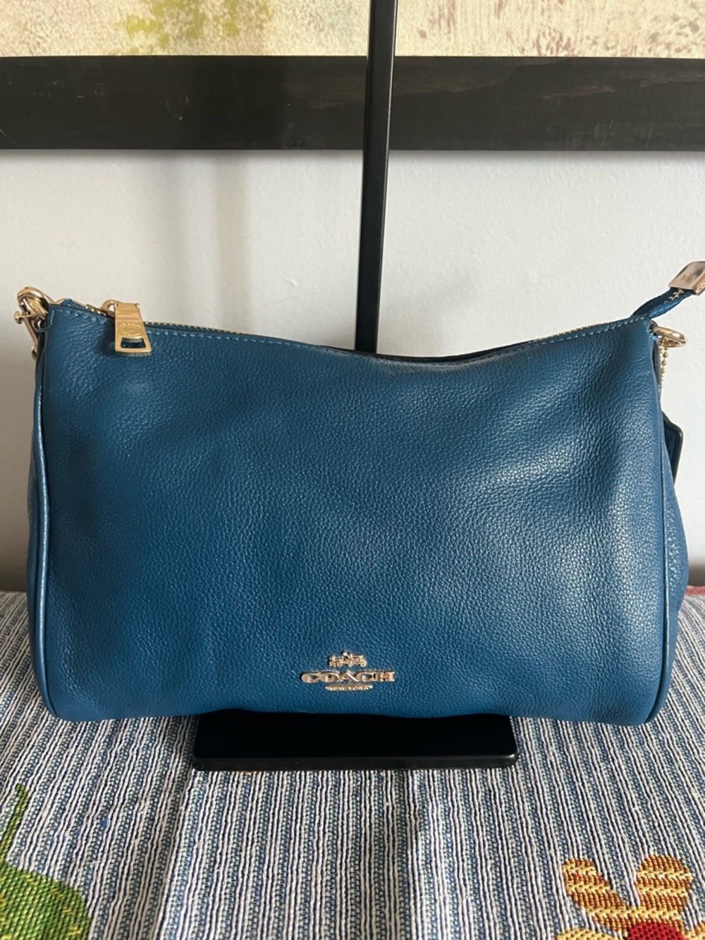 COACH Carrier Blue Pebbled Leather Mini Shoulder Bag Crossbody & Gold Chain